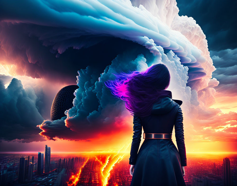 Figure with flowing hair gazes at surreal fiery cityscape under ominous sunset cloud.