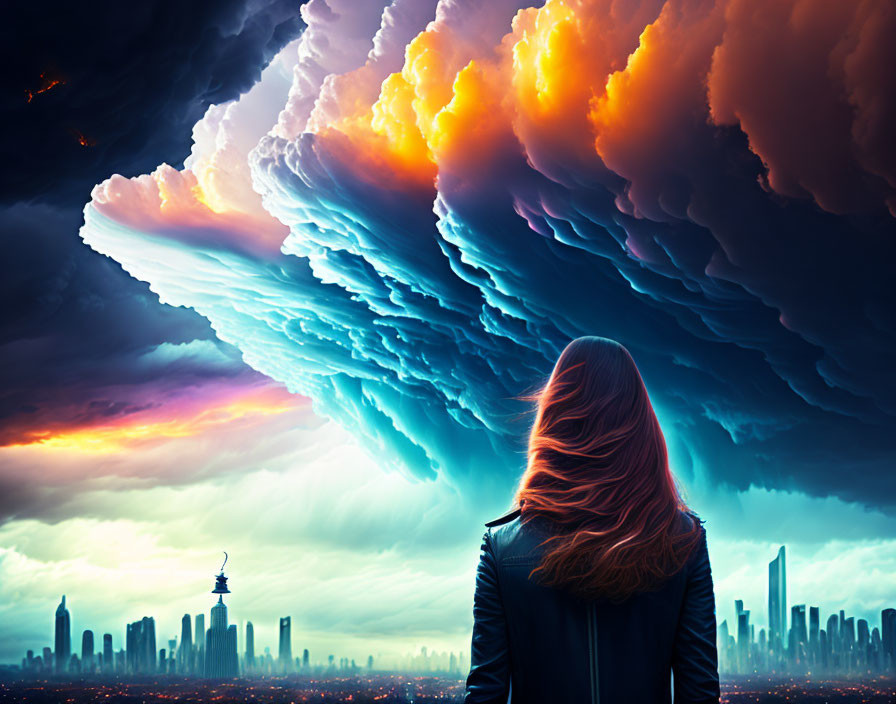 Silhouetted figure in black jacket against dramatic orange sky and city skyline