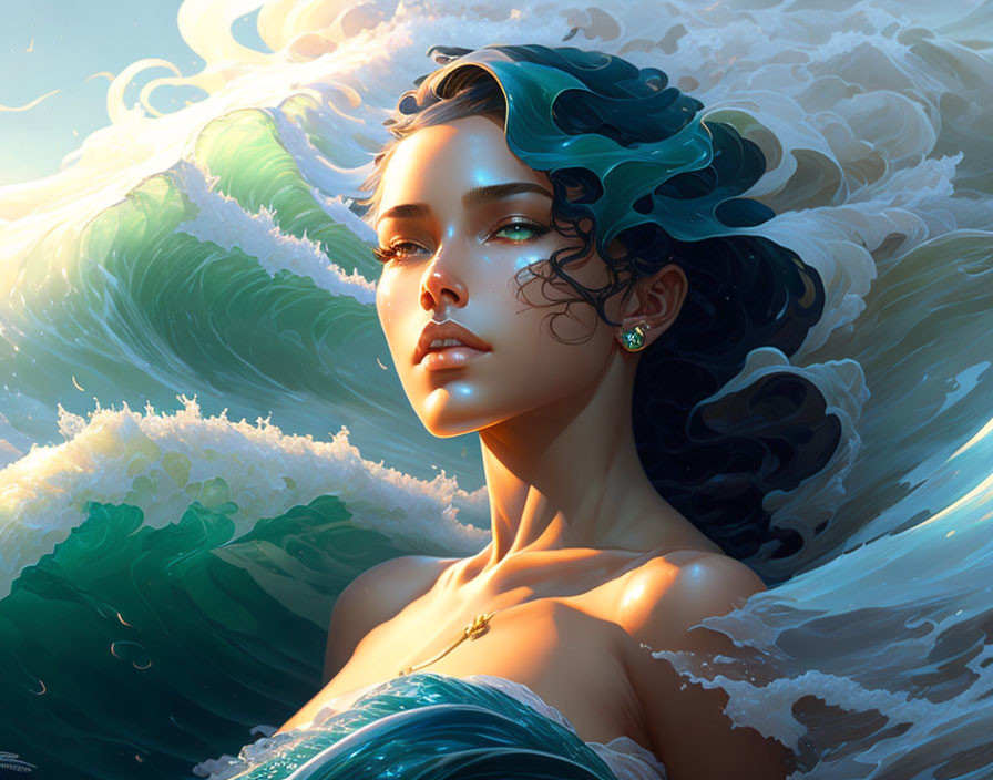 Illustration: Woman with Turquoise Hair Blending into Sea Waves