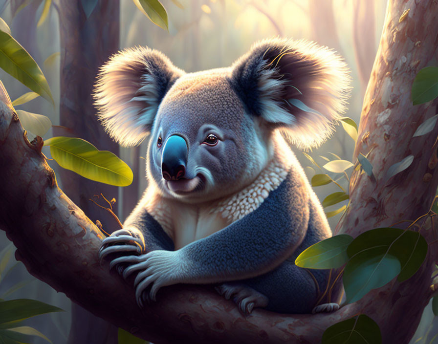 Koala in sunlit forest perched on tree branch