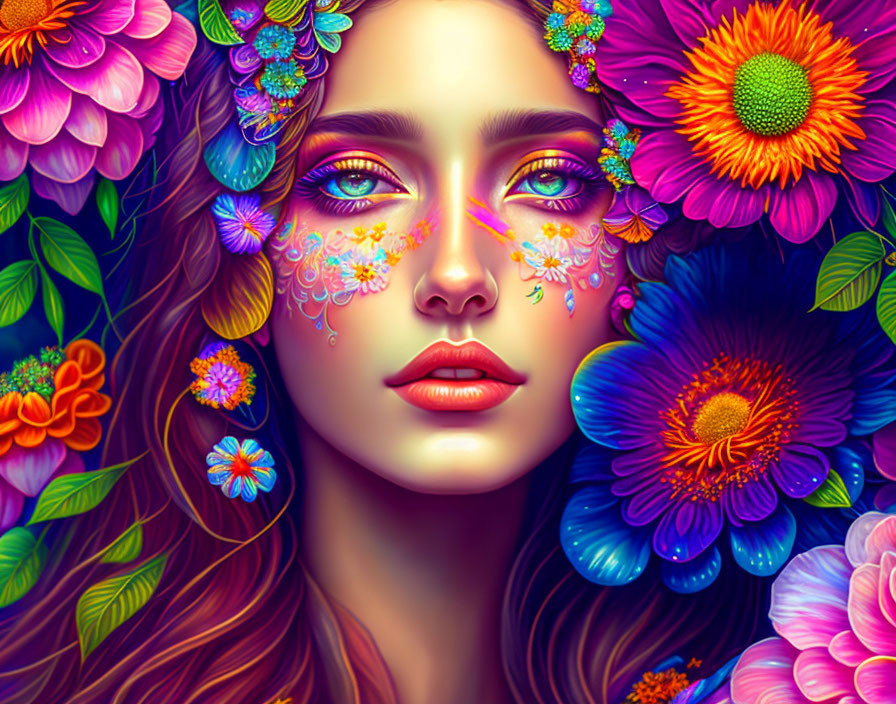 Colorful Woman with Floral Face Design Surrounded by Flowers