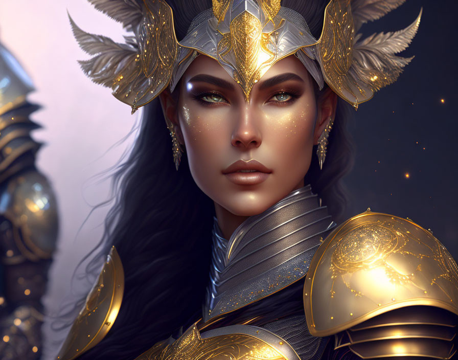 Digital artwork: Woman in golden armor with feathered helmet, green eyes, and facial markings