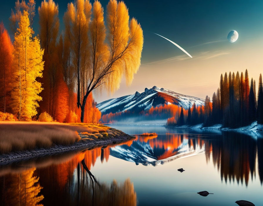 Tranquil autumn forest scene with lake, mountain, shooting star, and moon