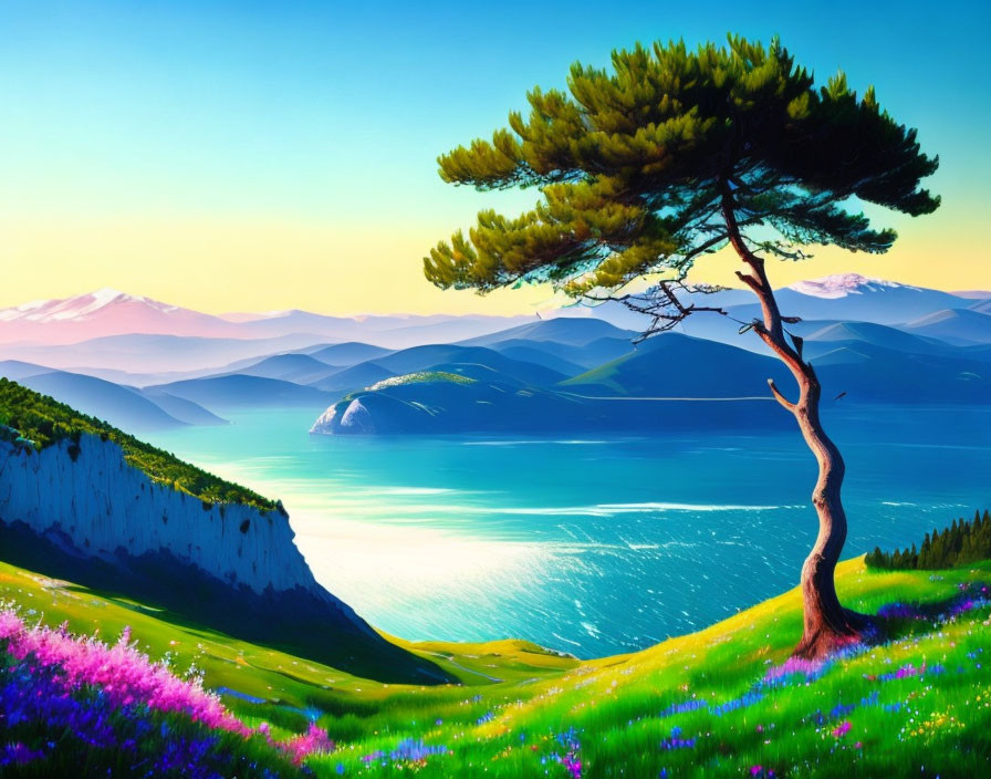 Serene lake landscape with lone tree and distant mountains