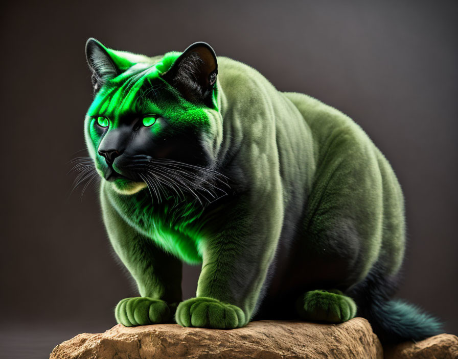 Sleek black cat in green light with vivid stripes and luminescent eyes