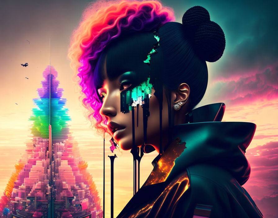 Colorful hair woman merges with futuristic cityscape against sunset sky