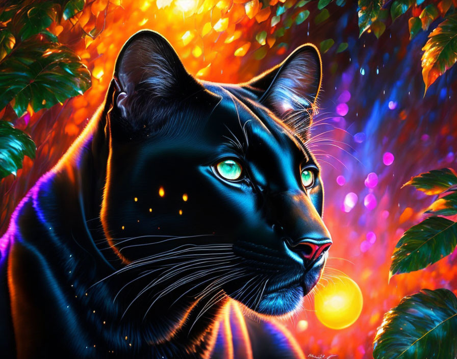 Colorful digital art: Black panther with glowing spots in vibrant setting