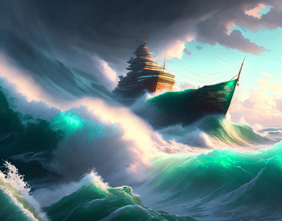 Majestic ship sailing through tumultuous ocean waves