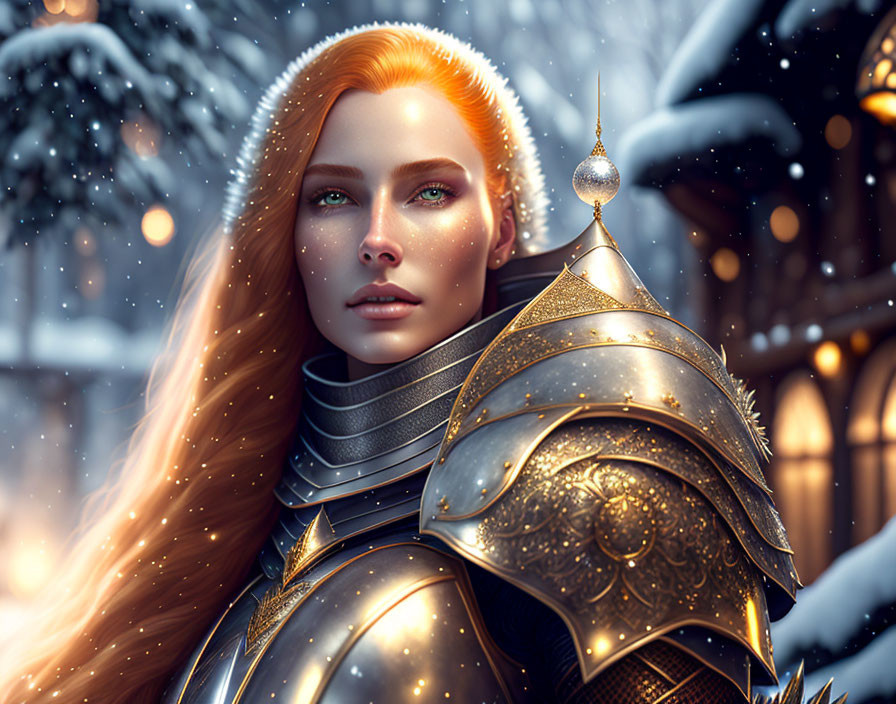 Detailed Red-Haired Female Warrior in Silver Armor in Enchanted Forest