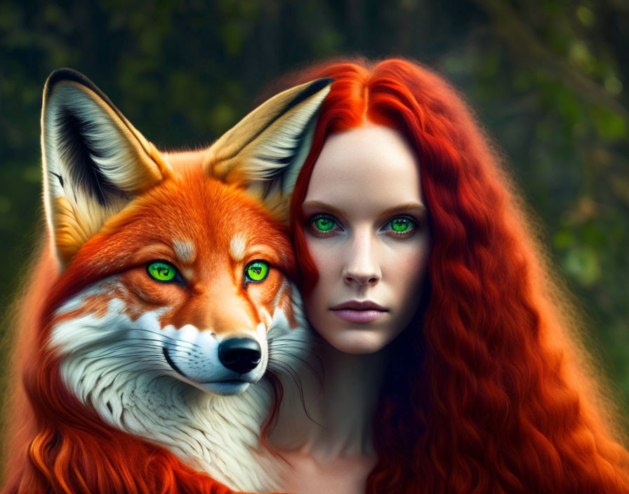 Digital artwork blending woman with red hair and green eyes with fox face.