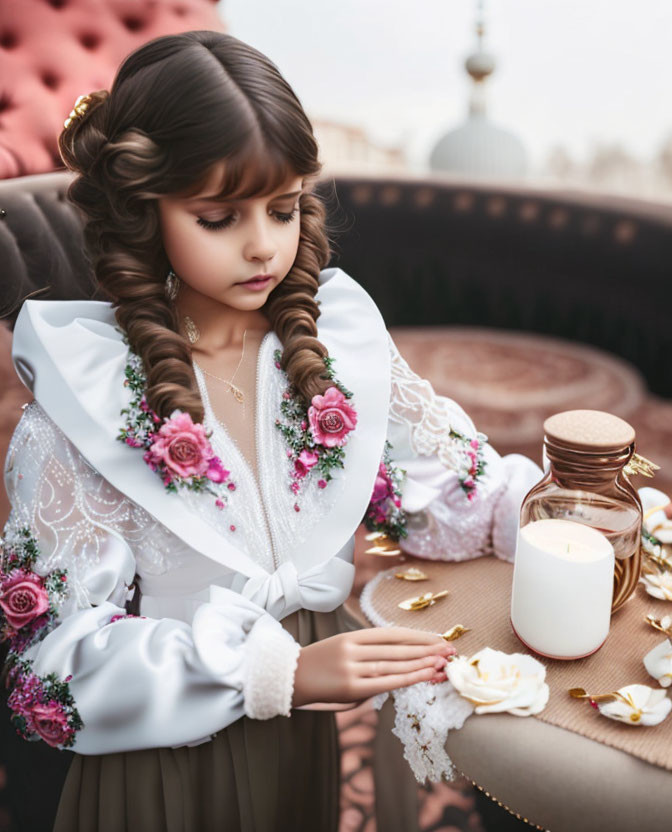 Young girl with flower-adorned pigtails in white dress and rose petals on table.