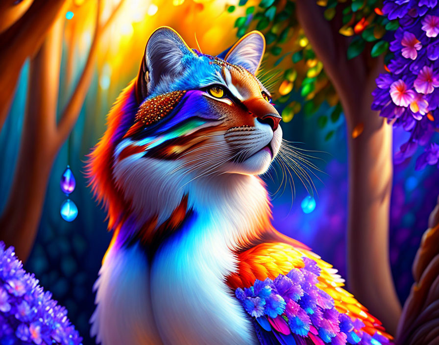 Majestic cat with multicolored fur in enchanted forest setting