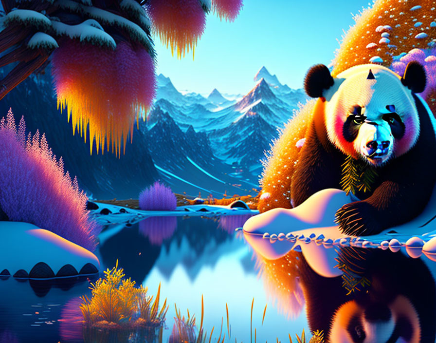 Vibrant giant panda illustration in snowy mountain landscape.