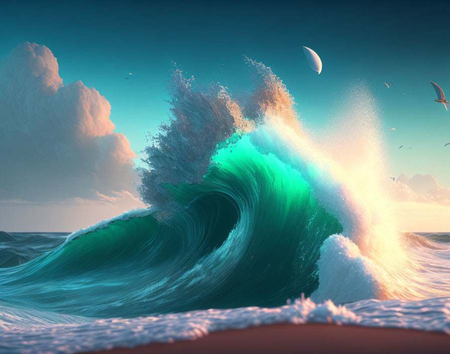 Vibrant digital artwork of a massive ocean wave under a serene sky with birds