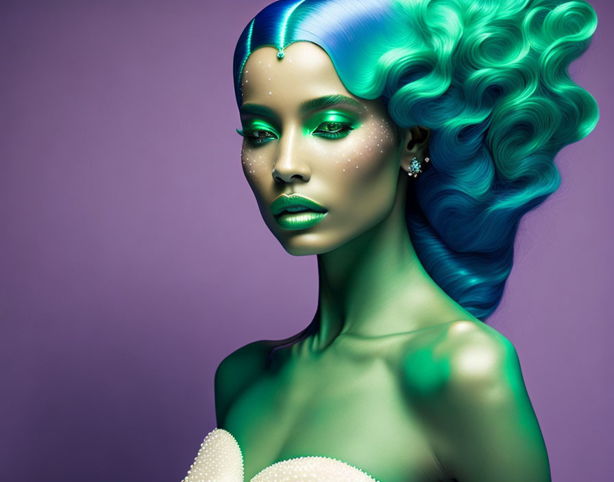 Vibrant digital artwork of woman with green skin and blue curls