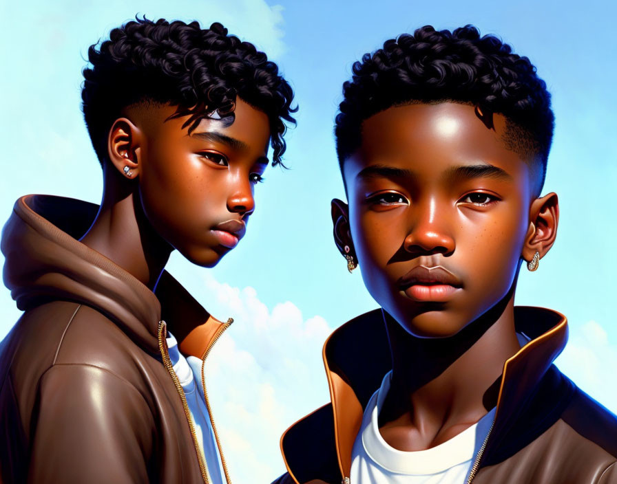 Illustrated young boys in stylish brown jackets on sky-blue background