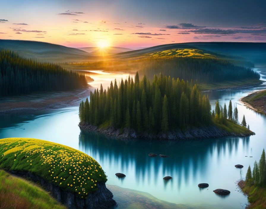 Tranquil sunrise over lush forested river