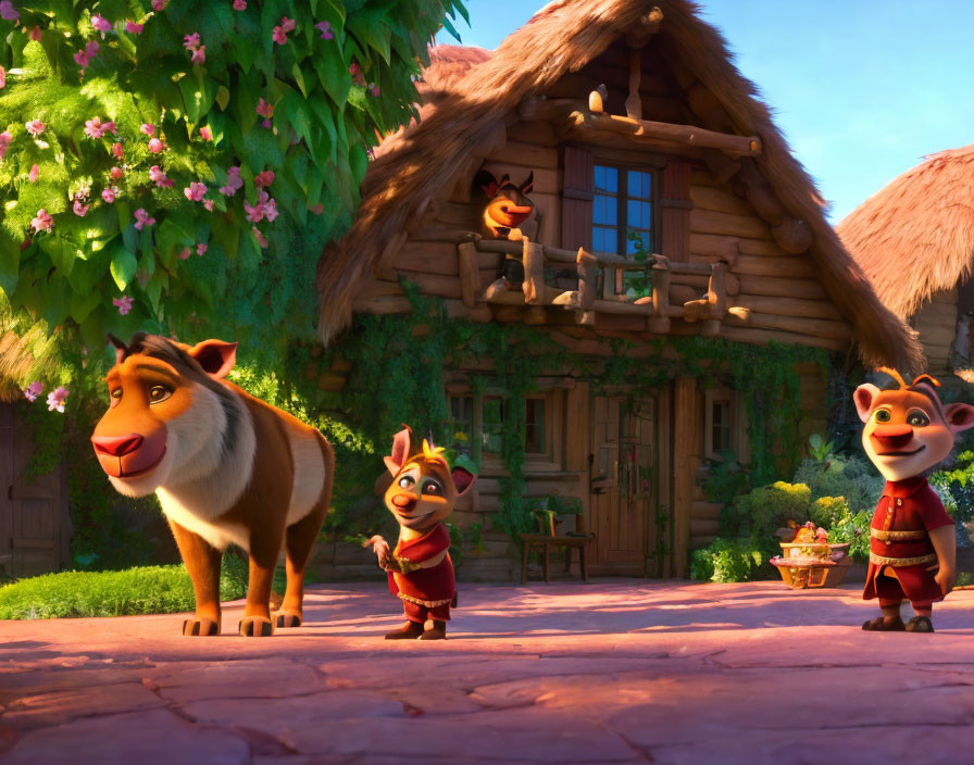 Animated raccoon-like animals in traditional attire near cottage with greenery.