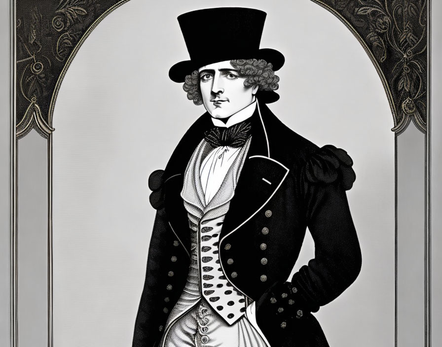 Monochrome illustration of man in 19th-century formal attire