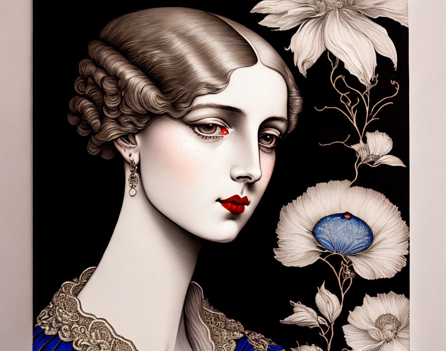 Vintage hairstyle woman with red lipstick and floral arrangement.