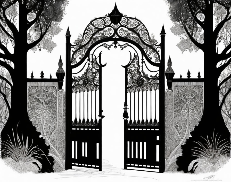 Detailed black-and-white illustration of ornate gates with floral and crescent moon designs.