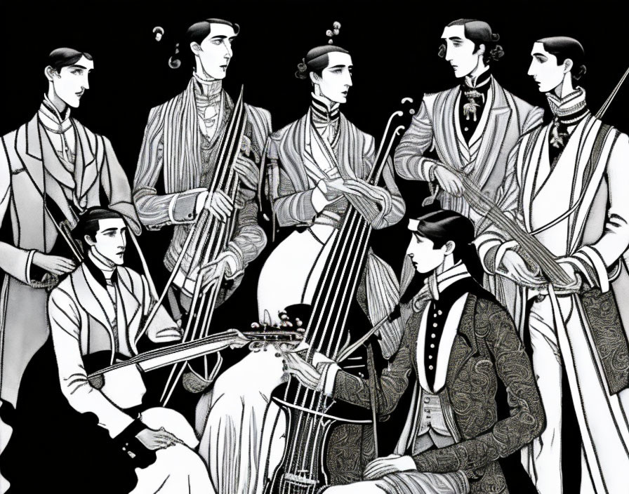 Monochrome Art Deco Style Illustration of Seven People Playing Stringed Instruments