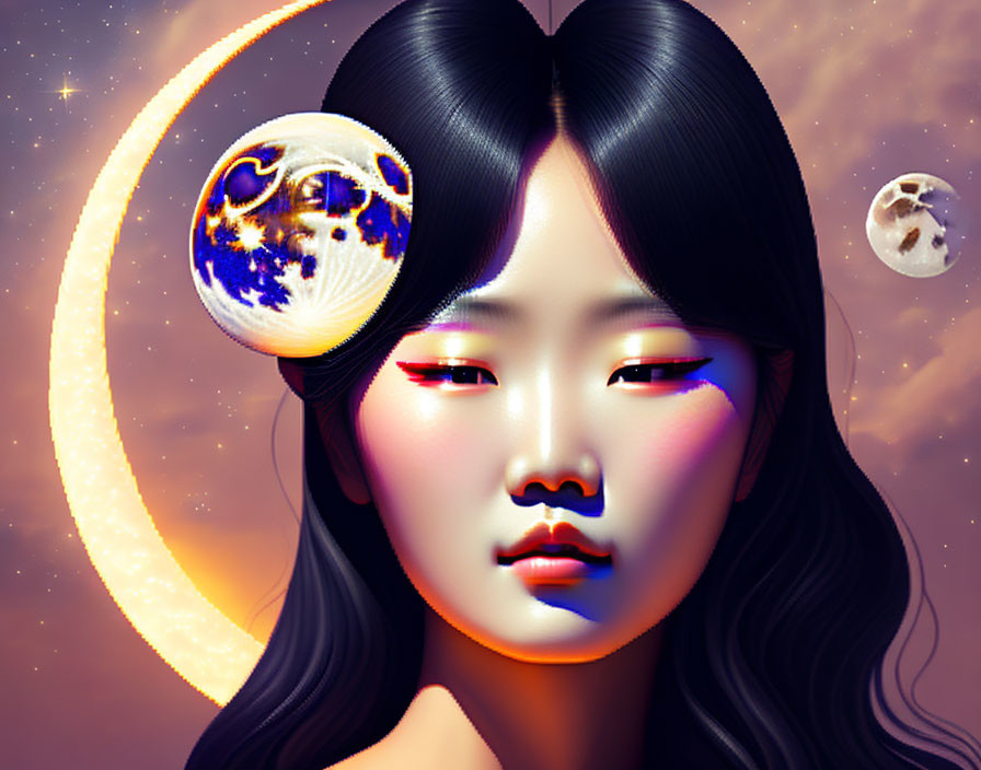 Woman with celestial reflections on face in cosmic eclipse scene