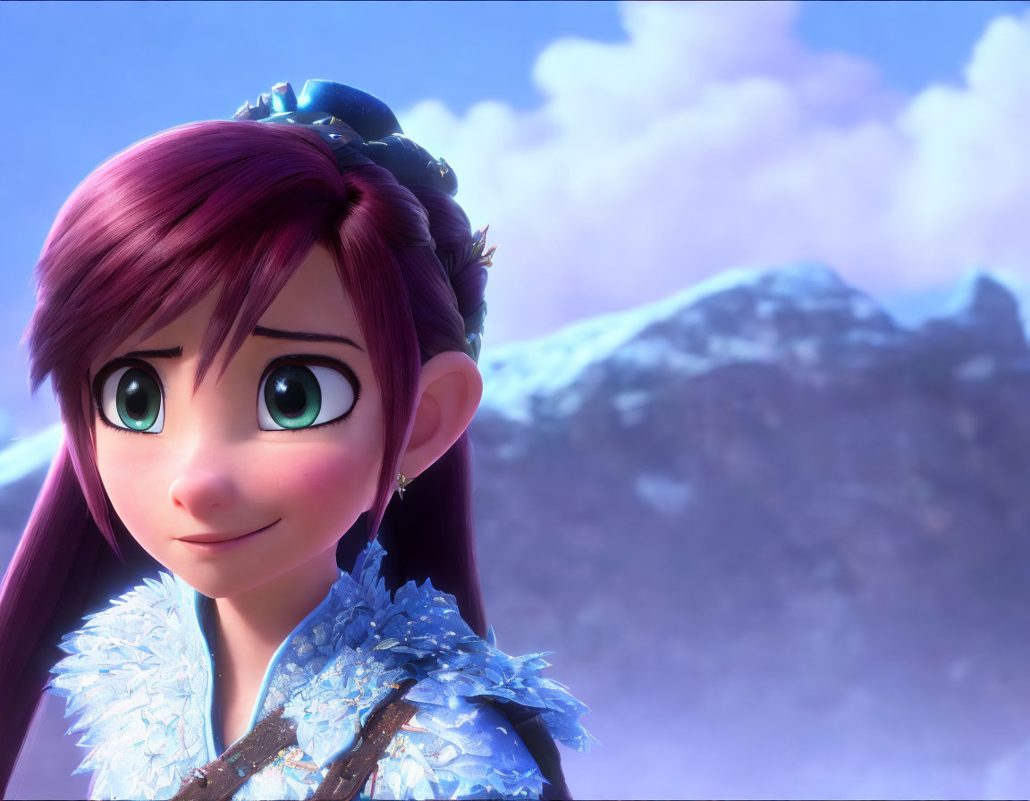 Purple-haired girl in frost-themed outfit with green eyes, snowy mountains.