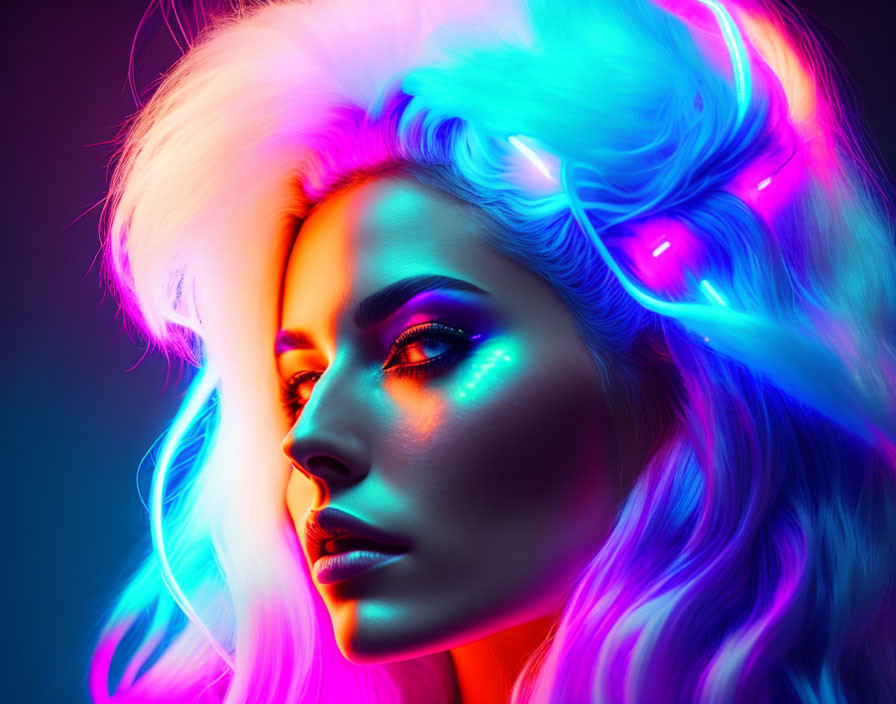 Vibrant blue and pink neon-lit portrait of a woman