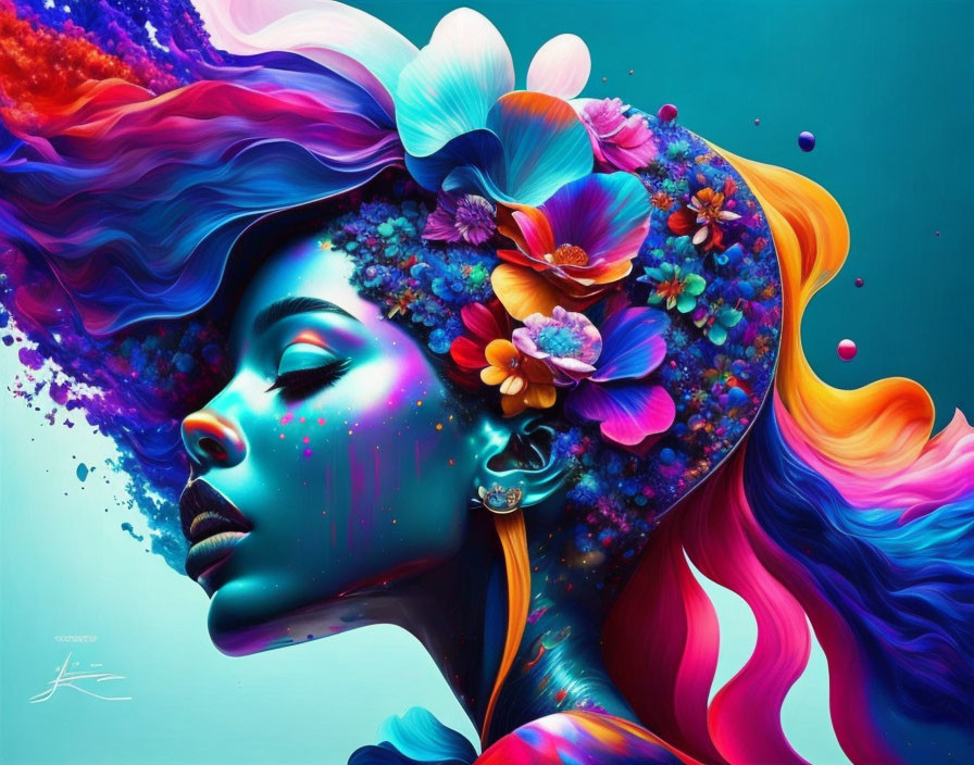 Colorful digital art: Woman profile with space-themed skin and vibrant flowers