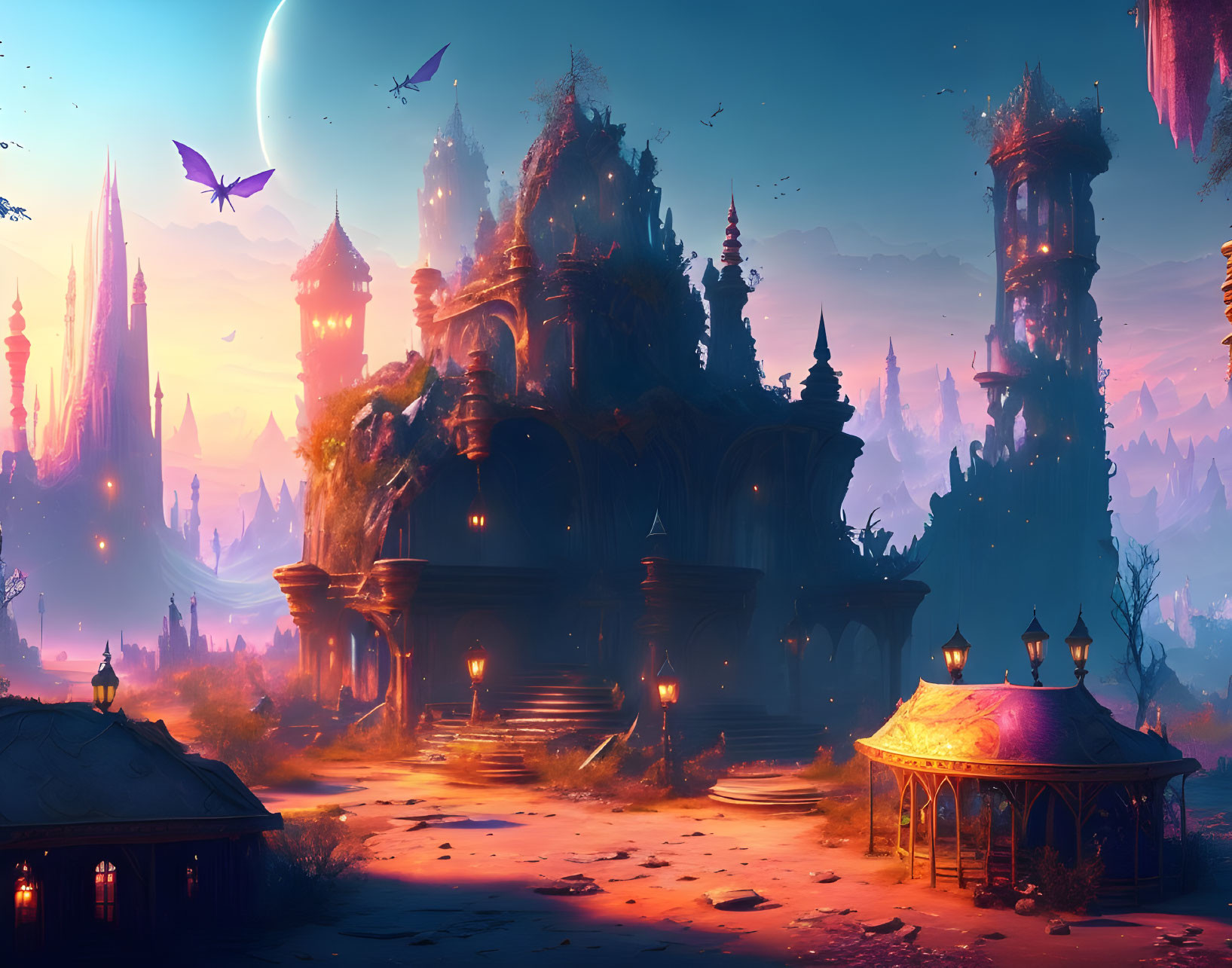 Fantasy landscape: twilight, illuminated buildings, floating islands, crescent moon