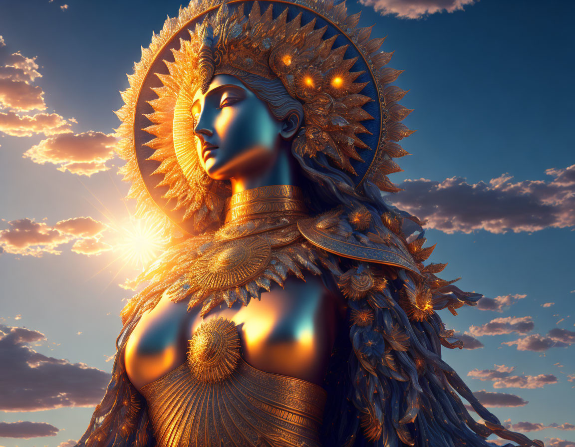 Golden armored figure with sun halo in sunset sky