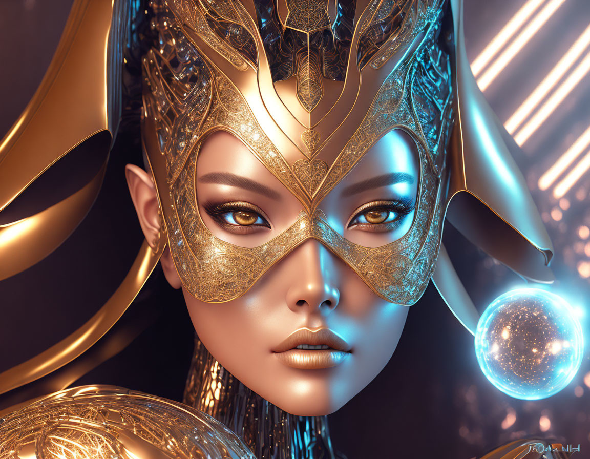 Elaborate golden headgear and armor on woman in digital art