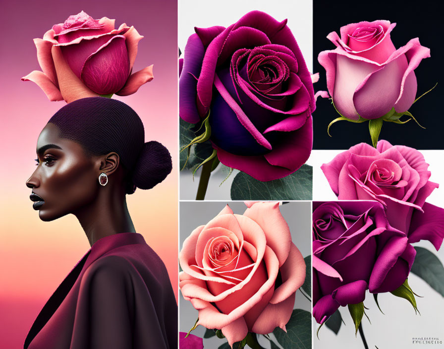 Profile portrait of a woman with rose headpiece and vibrant pink and purple roses on pink backdrop