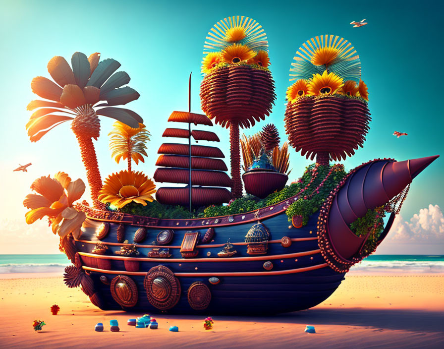 Sunflower sail ship on beach with terraced decks, birds, palm trees