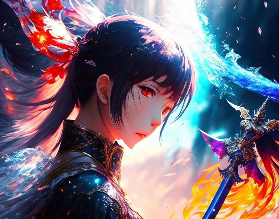 Dark-haired girl with red eyes amidst fiery phoenix feathers, holding a spear with blue tip.