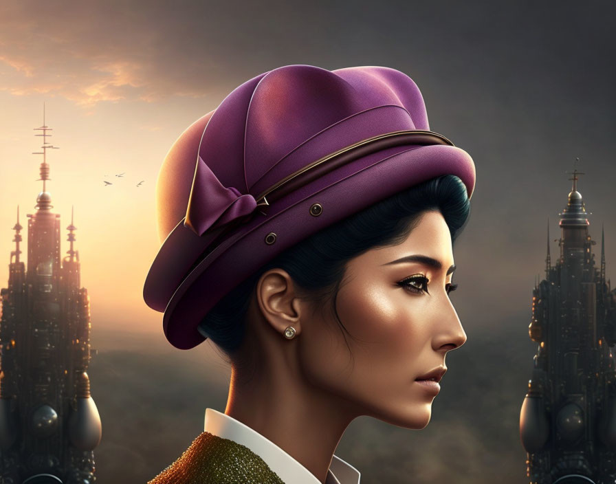 Woman in purple hat against futuristic cityscape at sunset