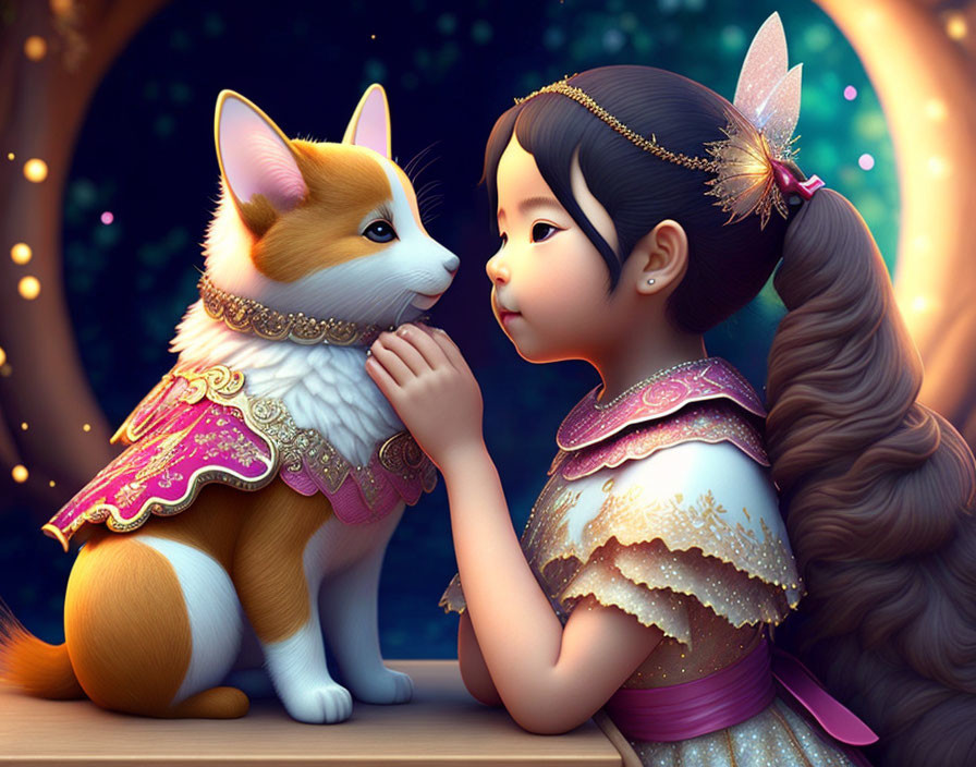 Young girl in fantasy costume with matching Corgi in enchanted forest.