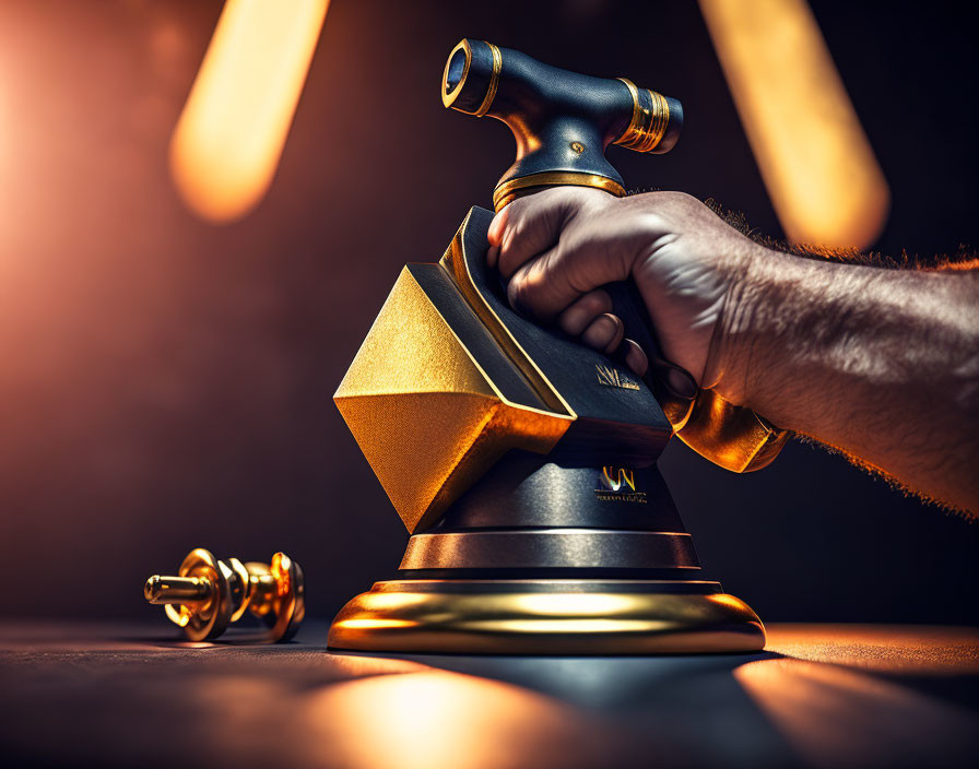 Golden trophy held by hand on dark background with unique design