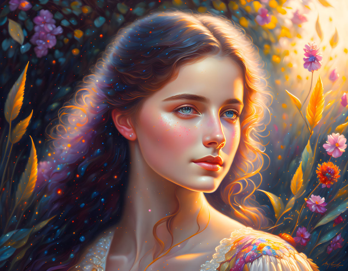 Vibrant digital art portrait of young woman with blue eyes in colorful floral backdrop