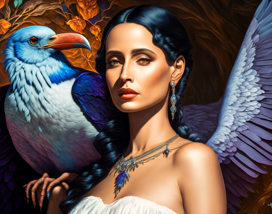 Dark-haired woman in white dress with large blue and white bird.