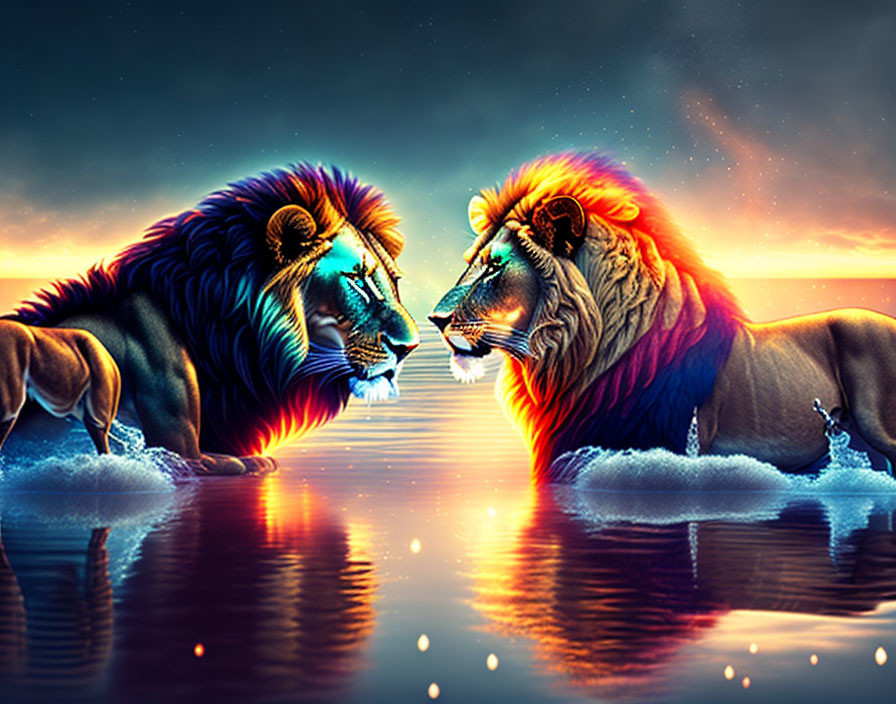 Stylized lions with vibrant manes across water under starry sky