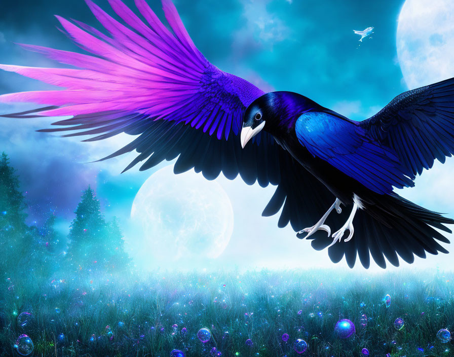 Colorful bird flying over mystical nighttime landscape with full moon