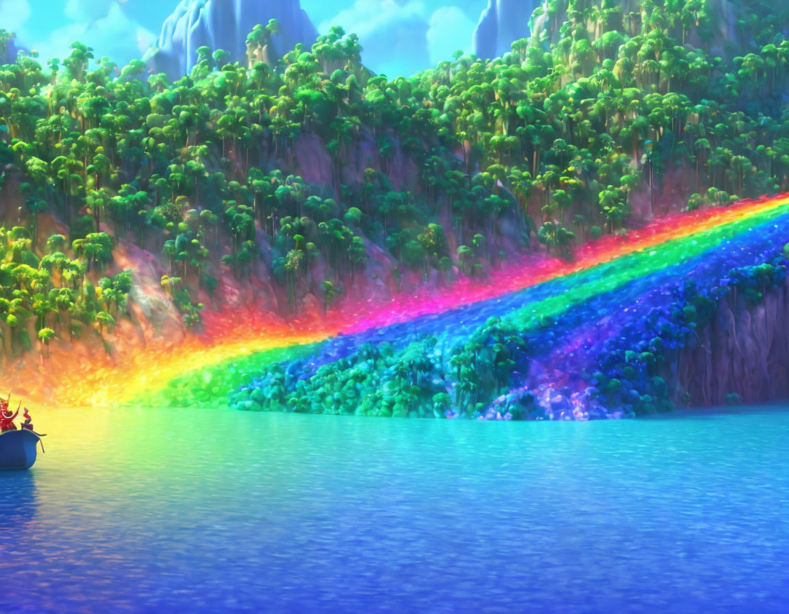 Vivid rainbow over lush tropical forest by calm blue lake