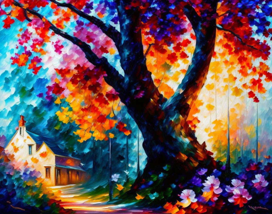 Colorful painting of tree, house, pathway & flowers