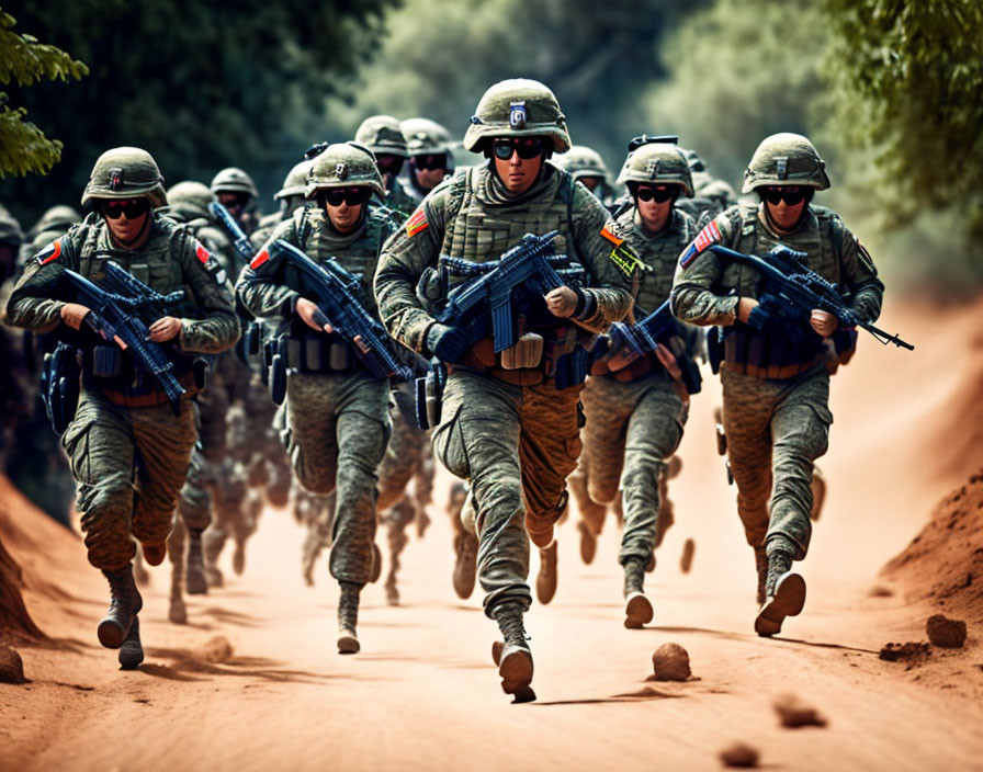 Soldiers in combat gear running on dusty trail