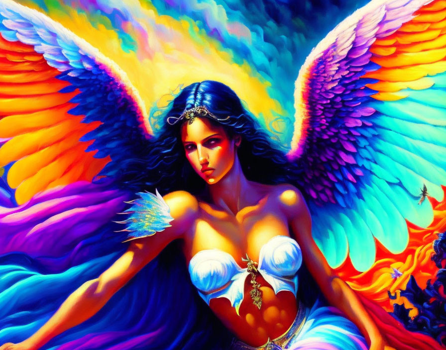 Colorful Winged Woman Artwork with Blue, Orange, and Purple Background