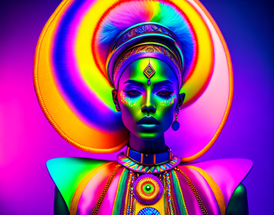 Colorful Portrait of Woman with Neon Glow and Exotic Headgear