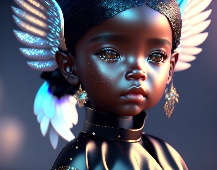 Child with luminous eyes and winged accessories on dark background.