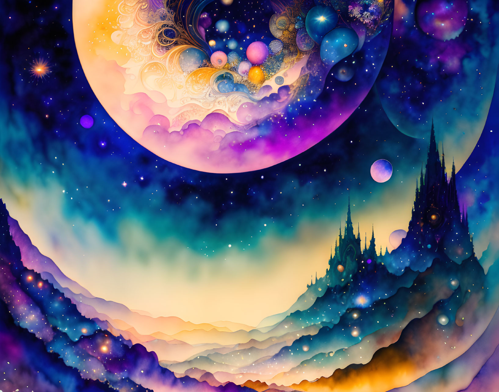 Colorful cosmic illustration: Celestial bodies, galaxies, nebulae, mountains under starlit sky